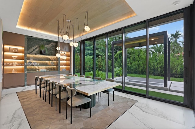 dining room featuring expansive windows and wood ceiling