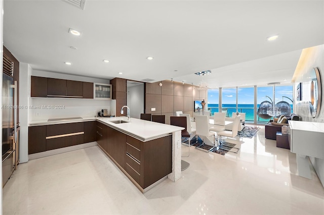 kitchen with expansive windows, a water view, sink, and dark brown cabinetry