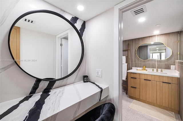 1717 N Bayshore Dr Unit A-3755, Miami, FL 33132 - bathroom featuring speckled floor, visible vents, vanity, and recessed lighting