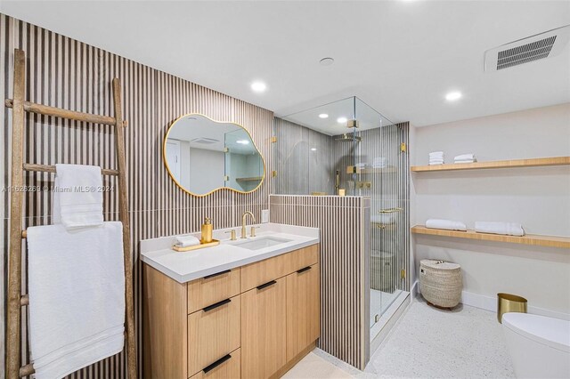 1717 N Bayshore Dr Unit A-3755, Miami, FL 33132 - full bathroom featuring toilet, a stall shower, visible vents, recessed lighting, and vanity