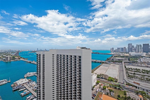 aerial view featuring a water view