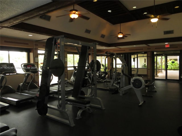 gym with vaulted ceiling, plenty of natural light, and visible vents