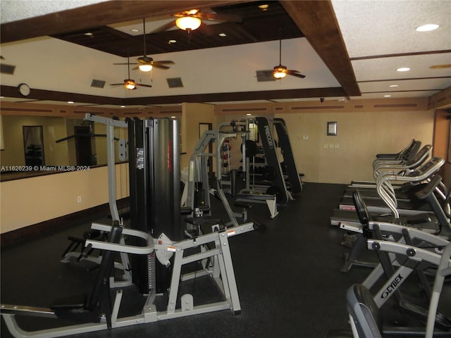 gym featuring visible vents, a ceiling fan, and recessed lighting