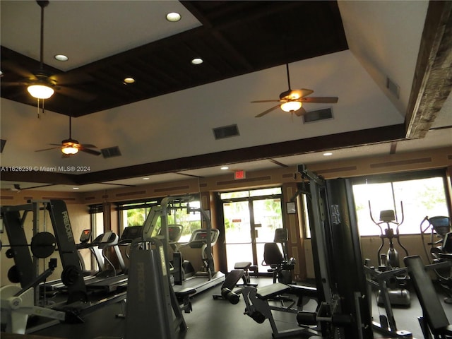 exercise room featuring a ceiling fan and visible vents