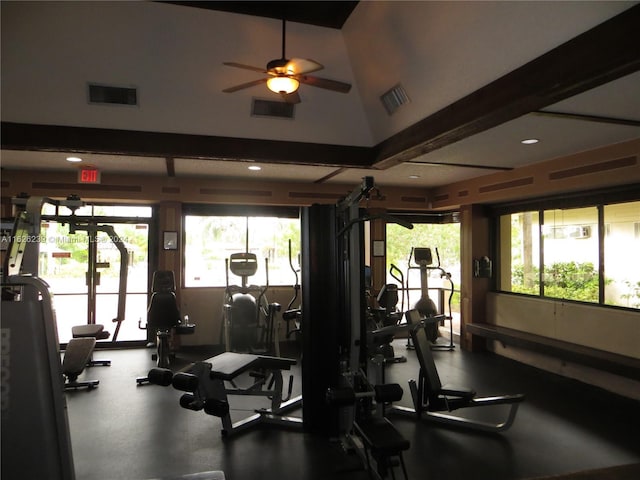 exercise room featuring visible vents and ceiling fan