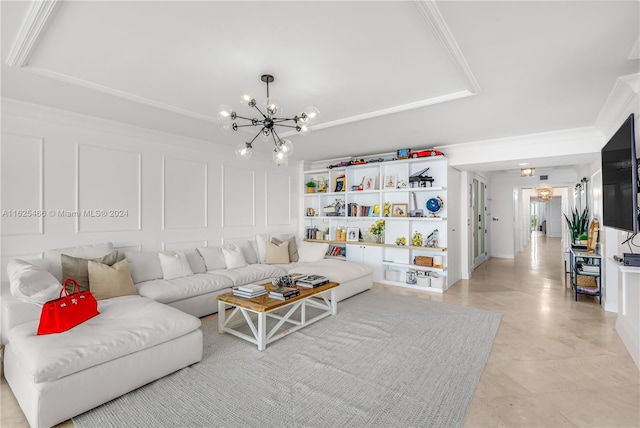 living room with a raised ceiling, crown molding, a chandelier, and light tile patterned floors