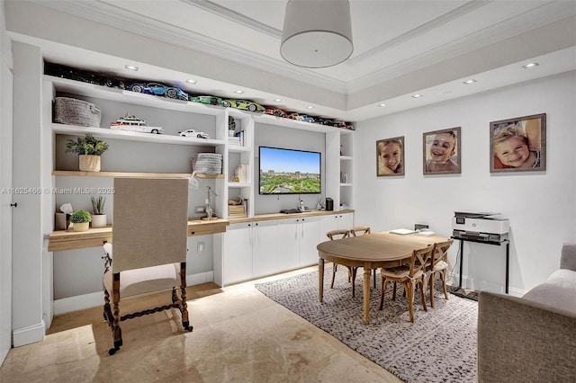 dining room with recessed lighting, baseboards, built in shelves, and crown molding