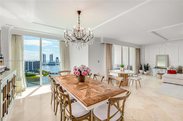 dining space featuring plenty of natural light, an inviting chandelier, floor to ceiling windows, and light tile patterned floors