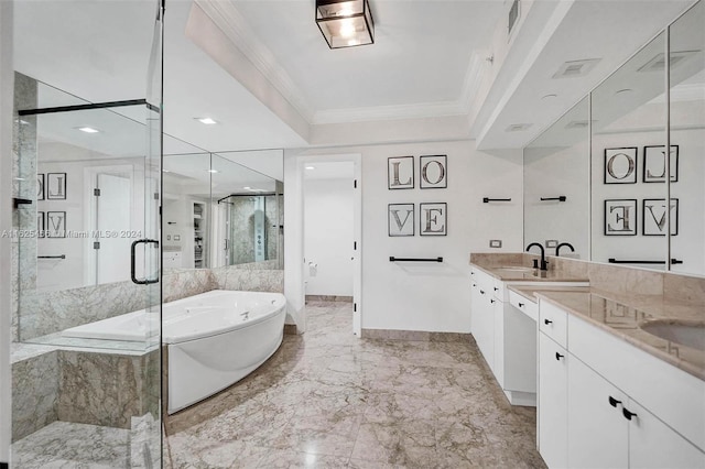 bathroom with separate shower and tub, ornamental molding, vanity, and tile patterned floors