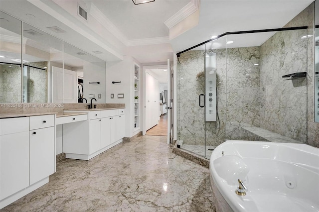 bathroom with vanity, a tub with jets, visible vents, a shower stall, and crown molding