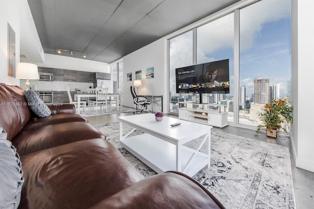 living room with rail lighting and a wall of windows