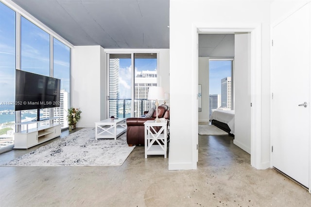 living room featuring concrete flooring