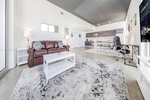 living room featuring a towering ceiling and track lighting