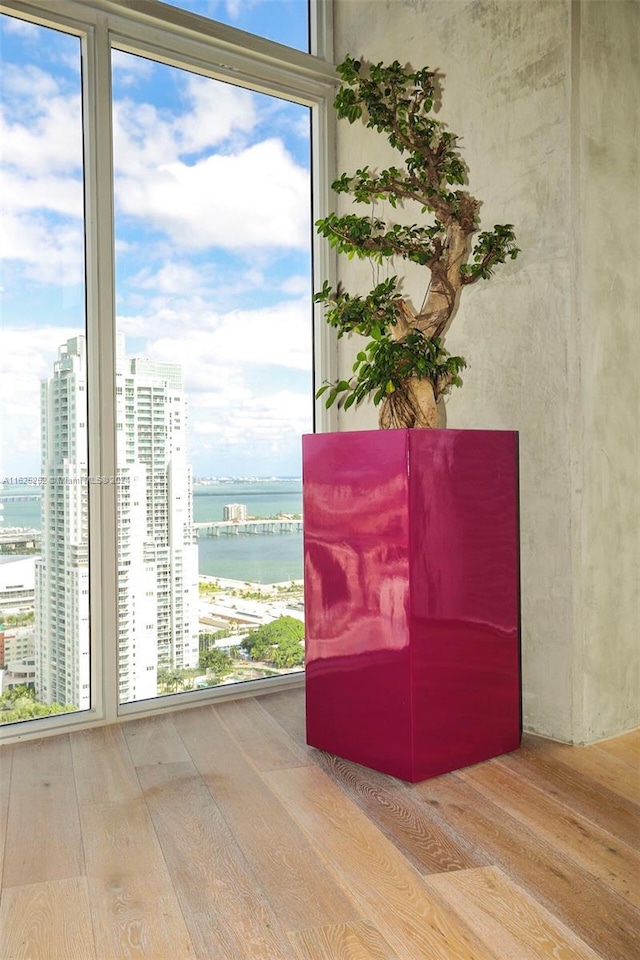 interior space featuring a water view and hardwood / wood-style floors