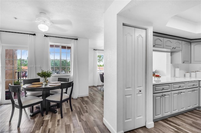 dining room featuring a textured ceiling, ceiling fan, and hardwood / wood-style floors