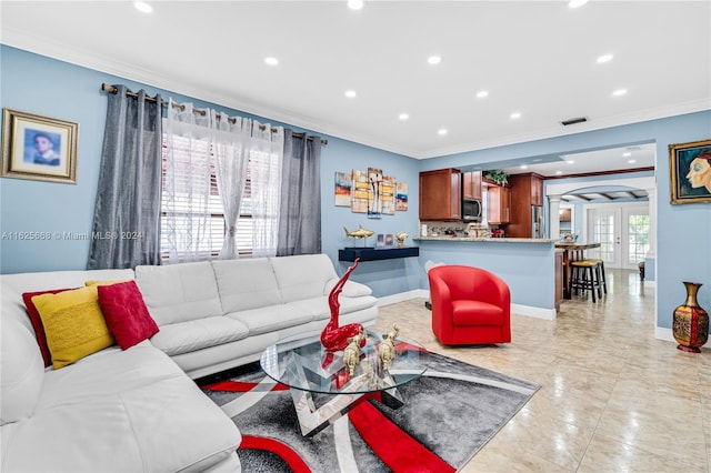 living room featuring recessed lighting, french doors, visible vents, and crown molding