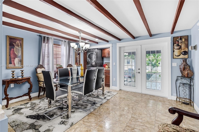 dining room featuring beamed ceiling, a notable chandelier, french doors, and baseboards