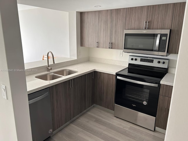 kitchen featuring appliances with stainless steel finishes, sink, and light hardwood / wood-style floors