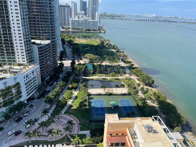 birds eye view of property featuring a water view