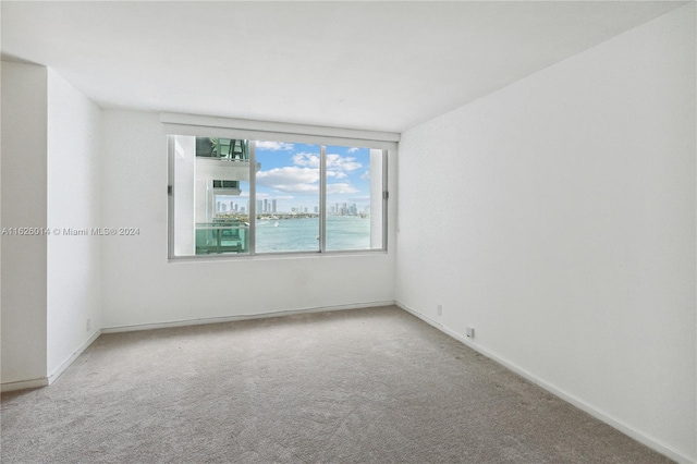 empty room featuring a water view and carpet flooring