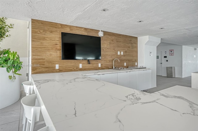 interior space featuring sink, wooden walls, and light stone counters