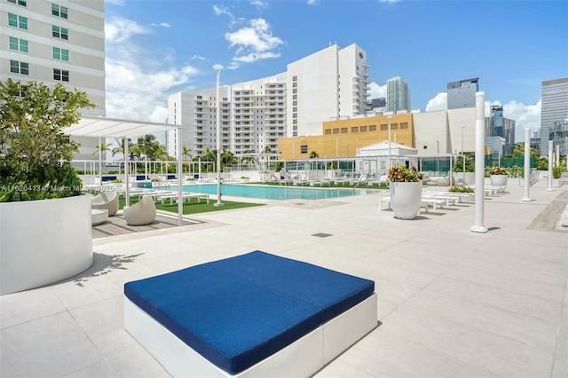 view of swimming pool with a patio