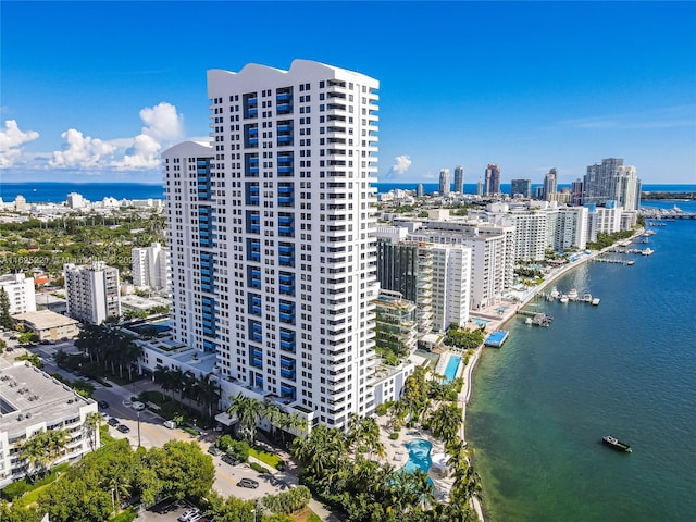 view of building exterior with a water view