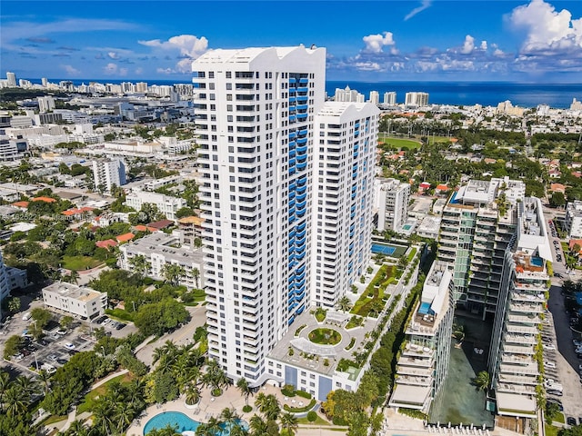 bird's eye view with a water view