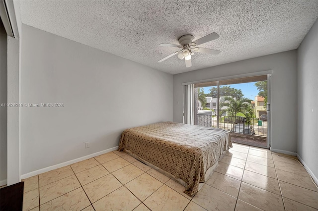 tiled bedroom featuring a textured ceiling, ceiling fan, and access to outside