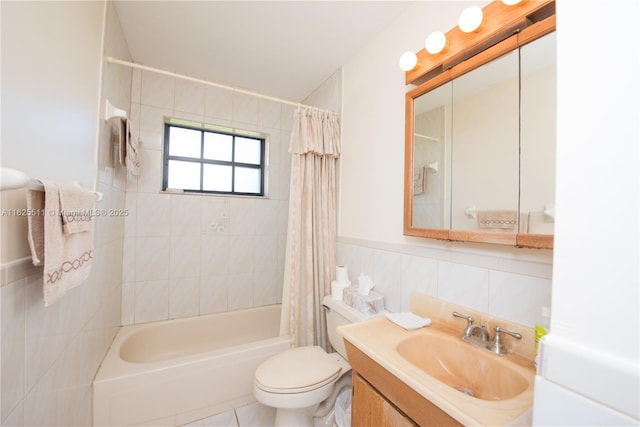 full bathroom with tile walls, tile patterned flooring, vanity, toilet, and shower / bathtub combination with curtain