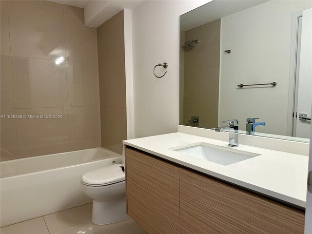 full bathroom with  shower combination, toilet, tile patterned floors, and vanity