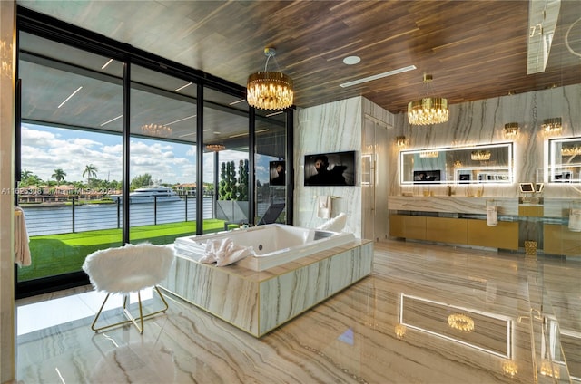 tiled living room with an inviting chandelier and wood ceiling