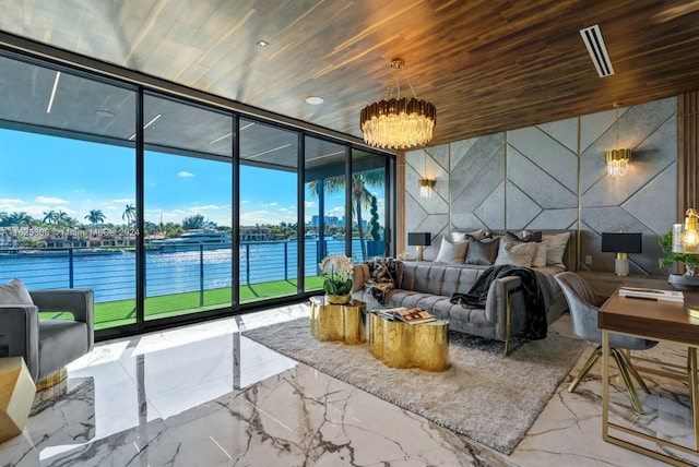 living room with tile walls, a water view, expansive windows, and wooden ceiling