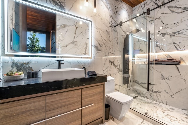 bathroom with vanity, walk in shower, tile walls, and toilet