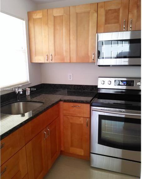 kitchen with dark stone countertops, stainless steel appliances, and sink