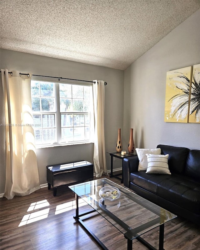 living room featuring dark hardwood / wood-style floors and a textured ceiling