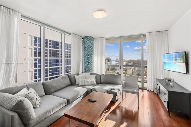 living room with hardwood / wood-style flooring and floor to ceiling windows