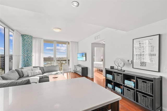 living room featuring hardwood / wood-style flooring and a wall of windows