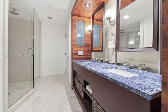 bathroom featuring vanity, wooden walls, and a shower with door