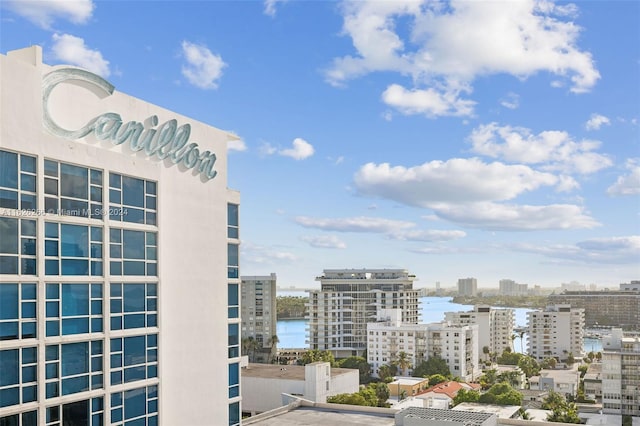 view of building exterior with a water view