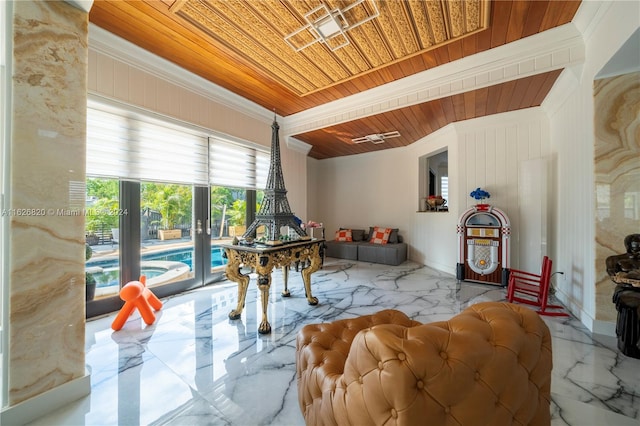 rec room featuring wood ceiling, french doors, and tile patterned floors