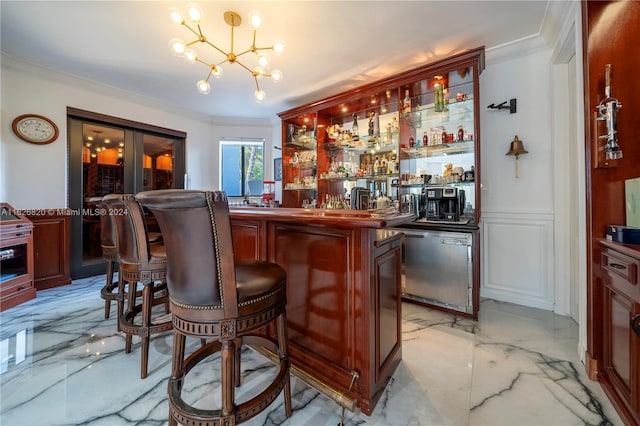 bar featuring dishwasher, crown molding, and a chandelier