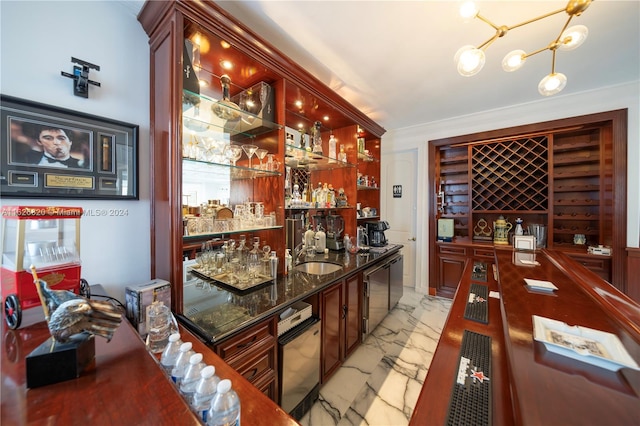 bar featuring light tile patterned flooring, sink, dishwasher, and dark stone counters