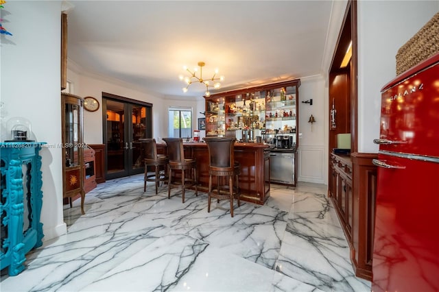 bar featuring ornamental molding and light tile patterned flooring