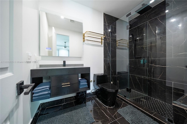 bathroom with a shower with shower door, tile patterned floors, toilet, and vanity