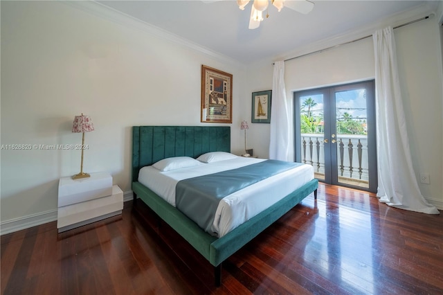 bedroom with wood-type flooring, ceiling fan, ornamental molding, french doors, and access to exterior