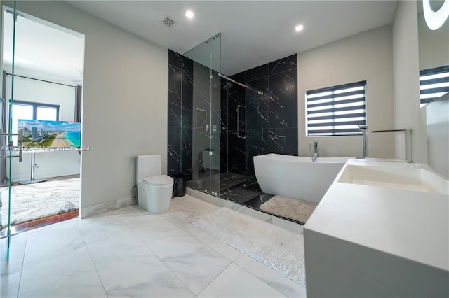 bathroom featuring independent shower and bath and tile patterned flooring