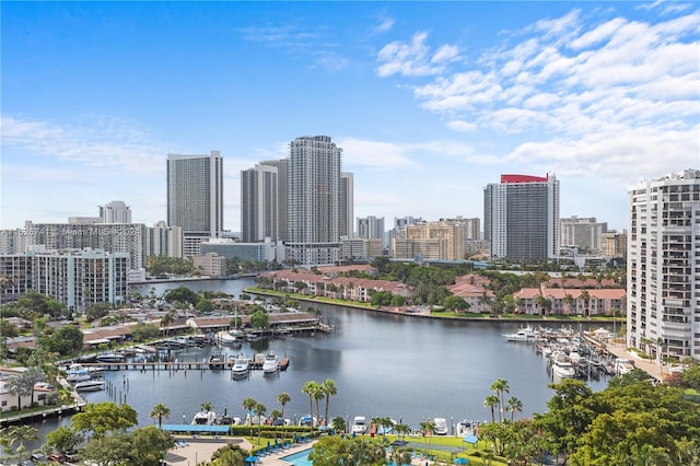 property's view of city with a water view