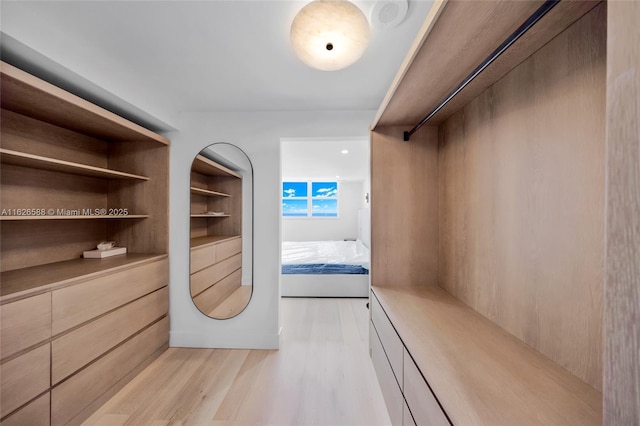 walk in closet with light wood finished floors