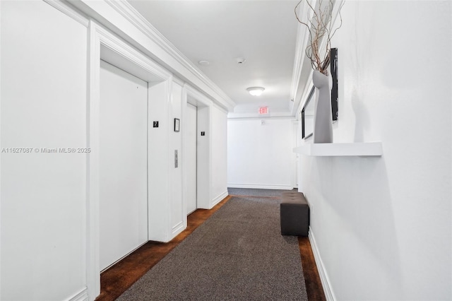 corridor featuring baseboards and elevator